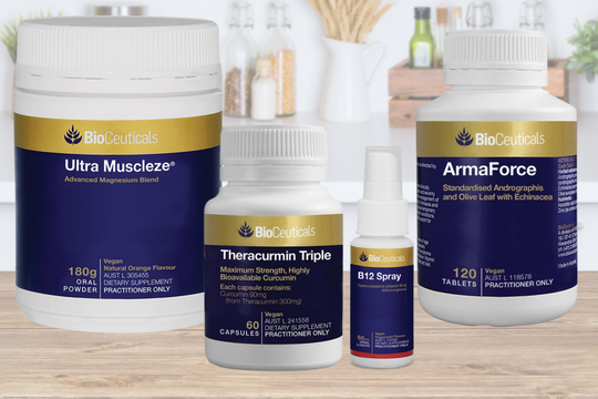 Bioceuticals Ultra Muscleze, BioCeuticals Theracurmin Triple, BioCeuticals B12 Spray, BioCeuticals ArmaForce on display on a kitchen counter top
