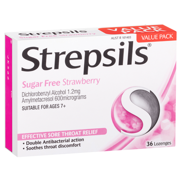 Strepsils Sore Throat Relief Sugar Free Strawberry 36 Pack
