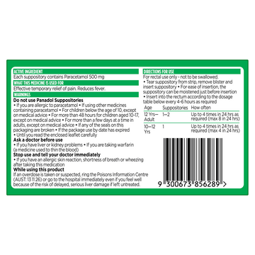 Panadol Suppositories 500mg 10 Pack