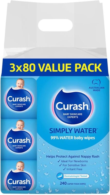 Curash Simply Water Baby Wipes, 3 x 80 Pack (240 Wipes)