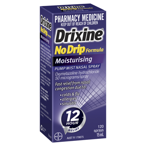 Drixine 12 Hour Relief No Drip Moisturising Pump Mist Nasal Spray 15mL
