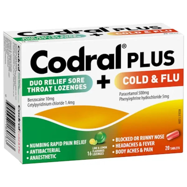 Codral Plus Sore Throat 16 Lozenges & Cold And Flu + Decongestant 20 Tablets