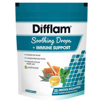 Difflam Soothing Throat Drops + Immune Support Menthol Eucalyptus flavour 20 Drops