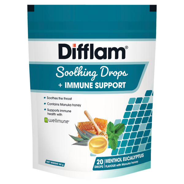 Difflam Soothing Throat Drops + Immune Support Menthol Eucalyptus flavour 20 Drops