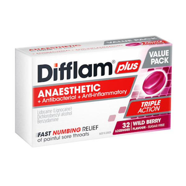 Difflam Plus Anaesthetic Triple Action Wild Berry 32