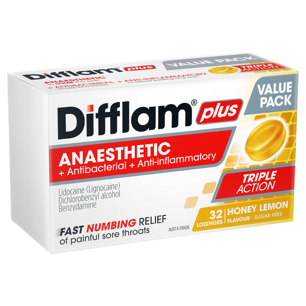 Difflam Plus Anaesthetic Sore Throat Honey & Lemon Lozenges 32
