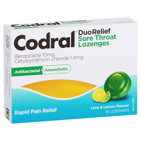 Codral Sore Throat Lozenges Antibacterial + Anaesthetic Lime & Lemon 16 Pack