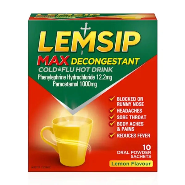 Lemsip Max with Decongestant Lemon 10pk Cold and Flu Hot Drink