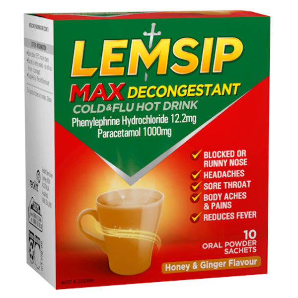 Lemsip Max Cold & Flu Hot Drink with Decongestant Honey and Ginger 10 Sachets