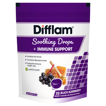 Difflam Soothing Throat Drops + Immune Support Black Elderberry flavour 20 Drops