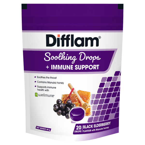 Difflam Soothing Throat Drops + Immune Support Black Elderberry flavour 20 Drops