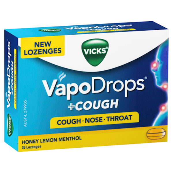 Vicks VapoDrops + Cough Honey Lemon Menthol 36Lozenges