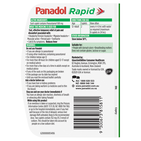 Panadol Rapid 500mg 10 Caplets Handy Pk