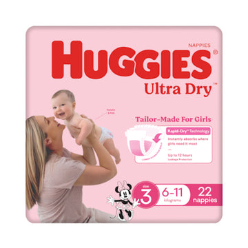 Huggies Ultra Dry Nappies Crawler Girls 22 Pack Size 3