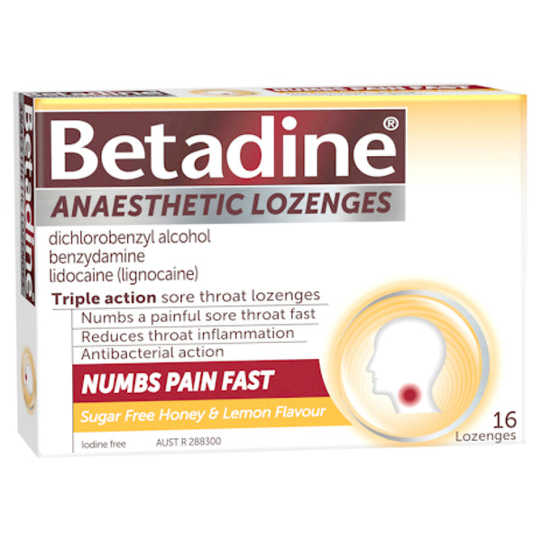 Betadine Sore Throat Lozenges Anaesthetic Honey & Lemon Flavour 16 Pack