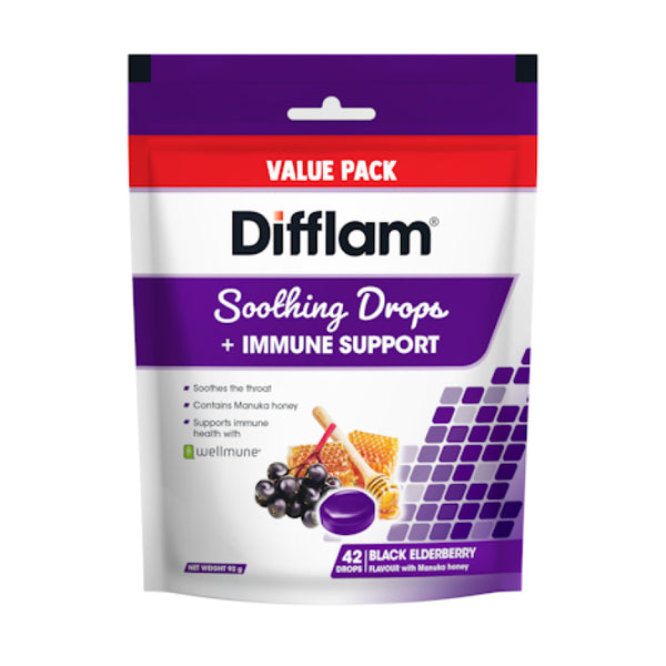 Difflam Soothing Throat Drops + Immune Support Black Elderberry flavour 42 Drops