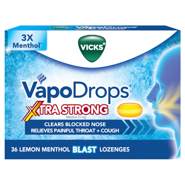 Vicks VapoDrops + Cough Xtra Strong Lemon Menthol Blast 36 Lozenges