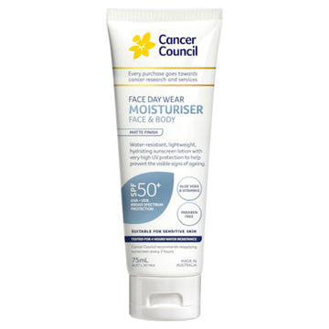 Cancer Council SPF 50+ Day Wear Face Matte Invisible 4hr Water Resistant 75ml Tube
