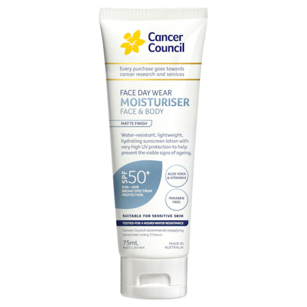 Cancer Council SPF 50+ Day Wear Face Matte Invisible 4hr Water Resistant 75ml Tube