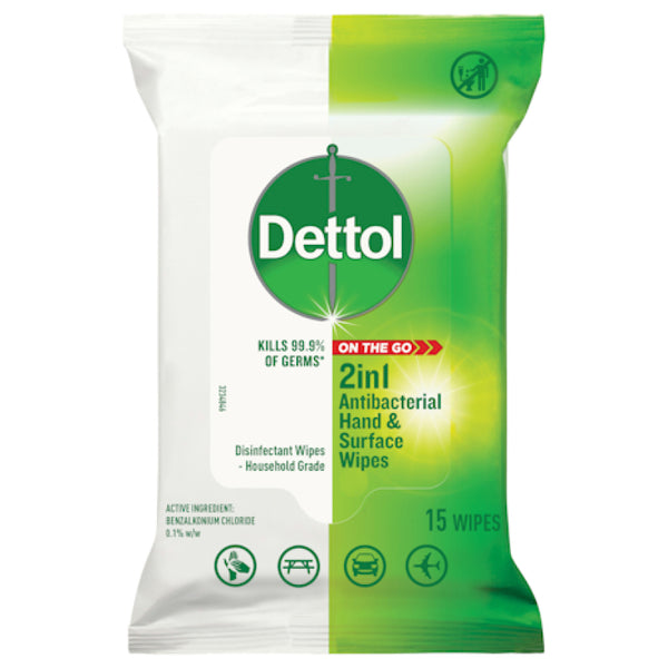 Dettol 2in1 Hands & Surfaces Antibacterial 15 Wipes