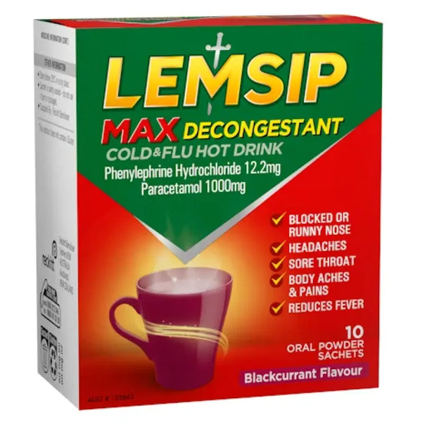 Lemsip Max Cold & Flu Hot Drink with Decongestant Blackcurrant 10 Sachets