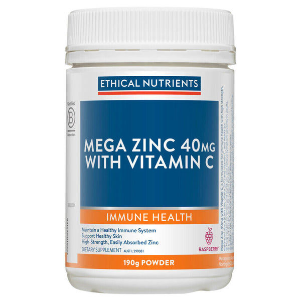 Ethical Nutrients Mega Zinc 40mg with Vitamin C Raspberry 190g Powder