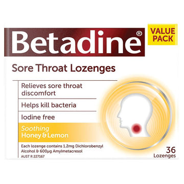 Betadine Sore Throat Lozenges Anaesthetic Honey & Lemon Flavour 36 Pack