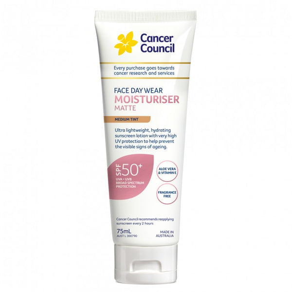 Cancer Council Day Wear Face Moisturiser Matte Medium Tint SPF50+ Tube 75 mL
