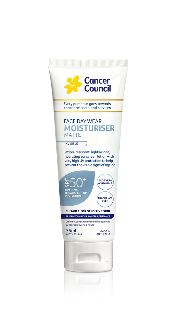 Cancer Council Day Wear Face Moisturiser Matte Invisible 4hr Water Resistant SPF50+ Tube 75mL